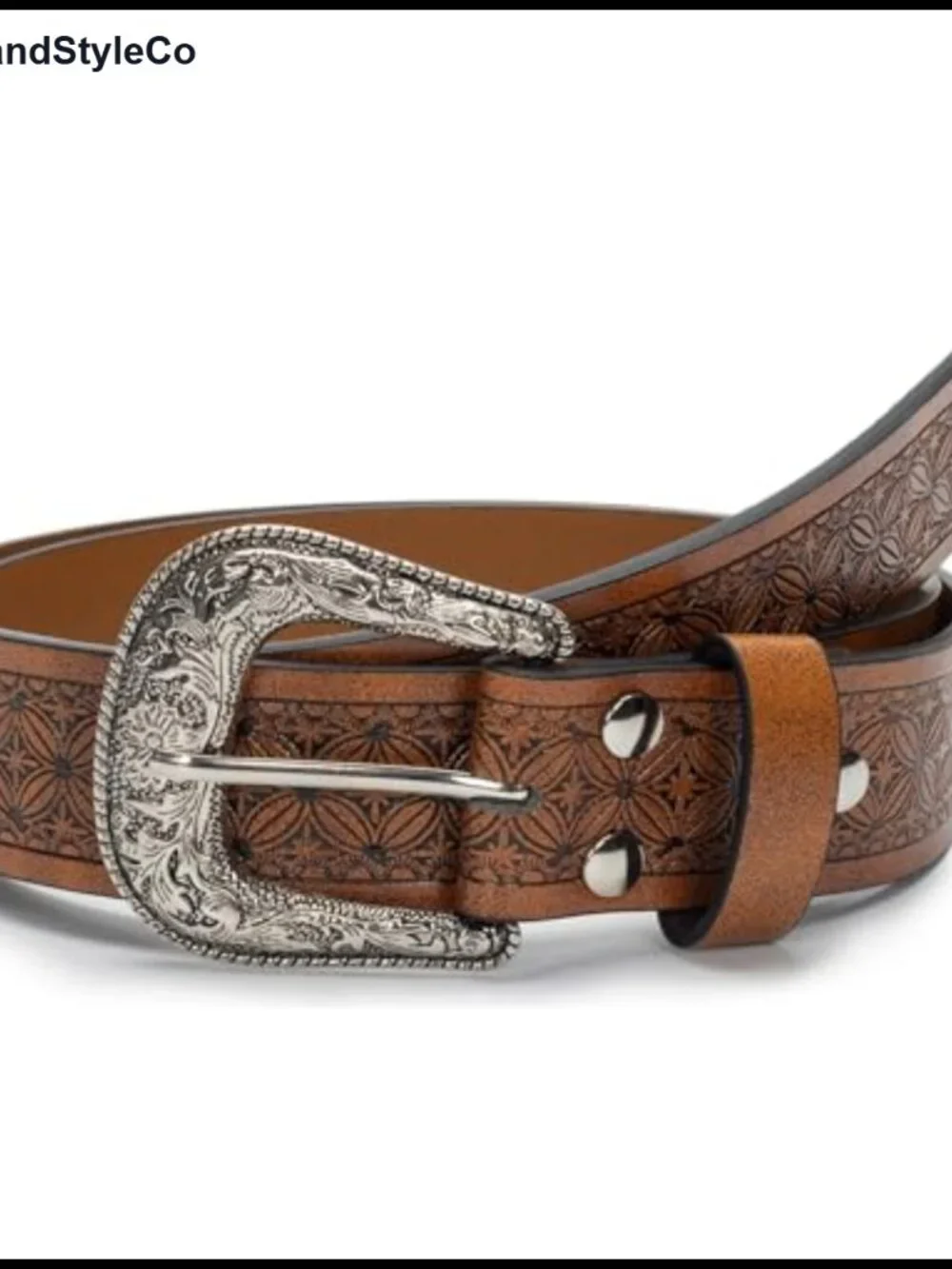 Vintage Western Belt with Engraved Floral Buckle, PU Leather, 1.5